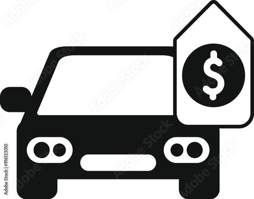 Black silhouette of a car with a price tag representing the concept of car value