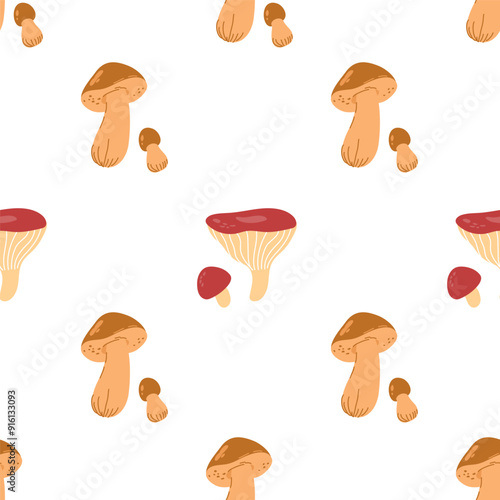 Boletus, russula mushroom background pattern. Seamless pattern with stylized sketches of edible mushrooms hand drawn textured mushrooms. Cute Fall nature illustration, design element.