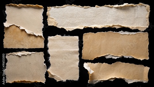 Collection of ripped torn paper isolated on black background, torn, paper, ripped, collection, isolated, black, background