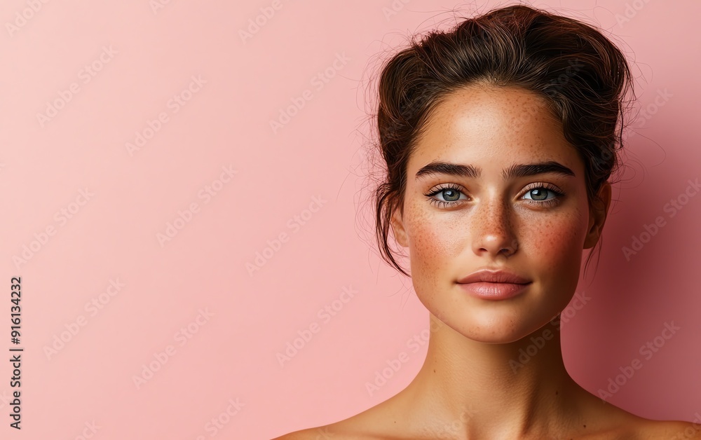 An attractive model poses against a soft pink backdrop, leaving ample room for creative content or brand messaging An attractive model poses against a soft pink backdrop, leaving ample room for creative content or brand messaging