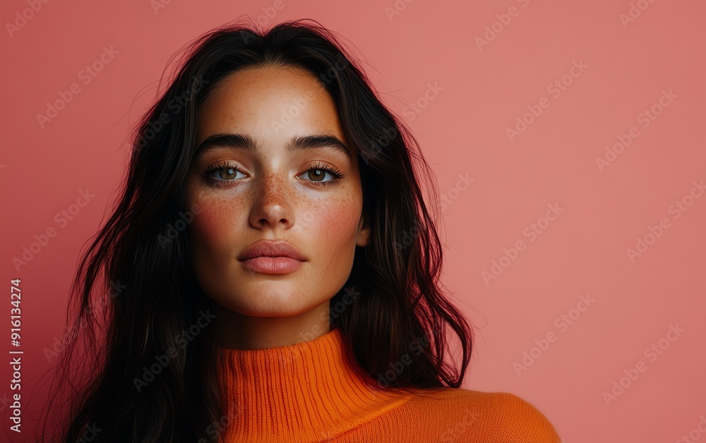An attractive model poses against a soft pink backdrop, leaving ample room for creative content or brand messaging An attractive model poses against a soft pink backdrop, leaving ample room for creative content or brand messaging