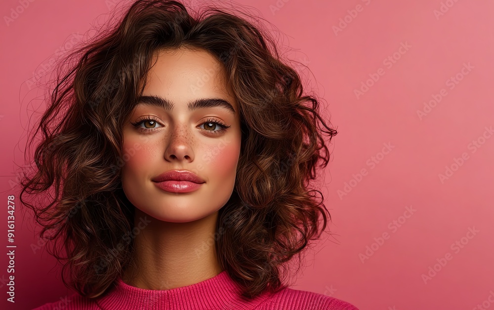 An attractive model poses against a soft pink backdrop, leaving ample room for creative content or brand messaging An attractive model poses against a soft pink backdrop, leaving ample room for creative content or brand messaging