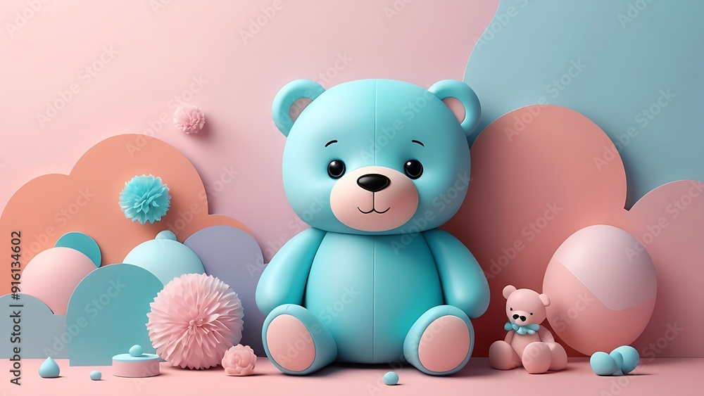 Blue teddy bear with pink bow surrounded by heart balloons. Perfect for Valentines Day cards, romantic designs, childrens illustrations, and lovethemed projects. Blue teddy bear with pink bow surrounded by heart balloons. Perfect for Valentines Day cards, romantic designs, childrens illustrations, and lovethemed projects.