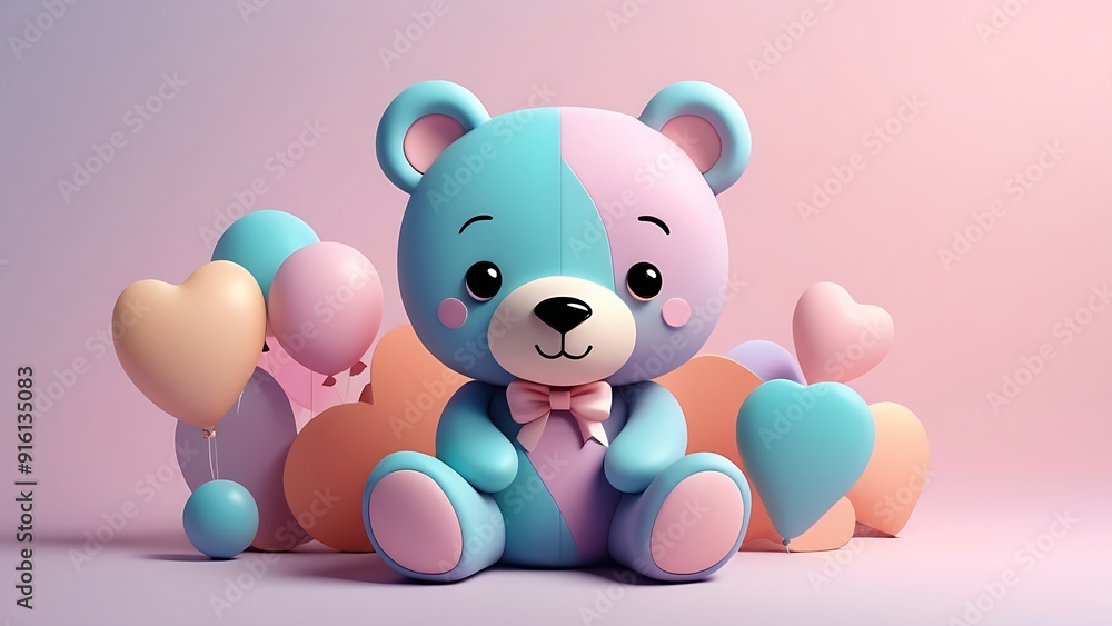 Blue teddy bear with pink bow surrounded by heart balloons. Perfect for Valentines Day cards, romantic designs, childrens illustrations, and lovethemed projects. Blue teddy bear with pink bow surrounded by heart balloons. Perfect for Valentines Day cards, romantic designs, childrens illustrations, and lovethemed projects.