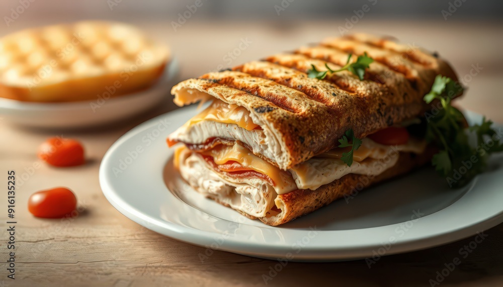Grilled panini sandwich with tomato and cheese. Grilled panini sandwich with tomato and cheese.