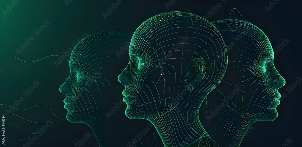 vector wireframe illustration of three different head shapes with a green glow on a dark background, in the vector graphics and line style. vector wireframe illustration of three different head shapes with a green glow on a dark background, in the vector graphics and line style.
