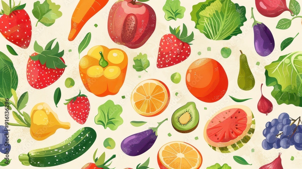 A vibrant collection of various fruits and vegetables arranged artistically A vibrant collection of various fruits and vegetables arranged artistically
