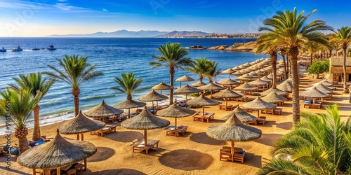 Sunny beach resort with palm trees, parasols, and Red Sea coral reefs in Sharm El Sheikh, Egypt