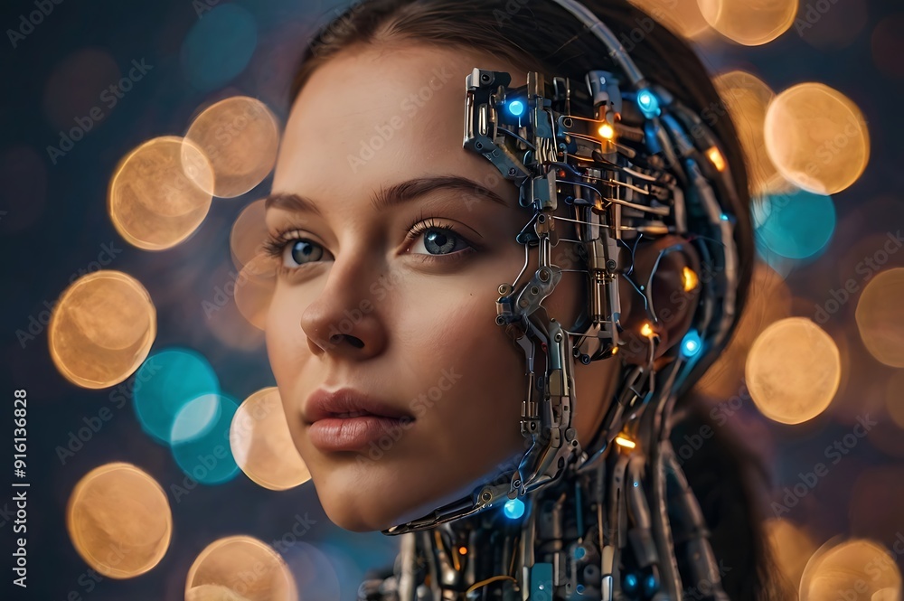 Close up of AI woman's face, AI human hybrid concept, generative Ai Close up of AI woman's face, AI human hybrid concept, generative Ai