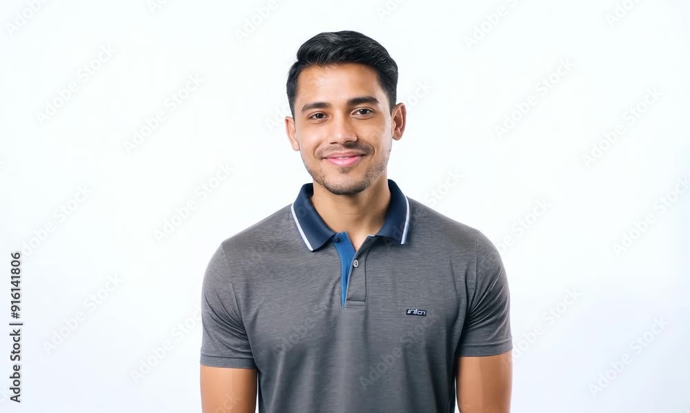 Group portrait video of a satisfied man in his 20s wearing a sporty polo shirt against a white background Group portrait video of a satisfied man in his 20s wearing a sporty polo shirt against a white background