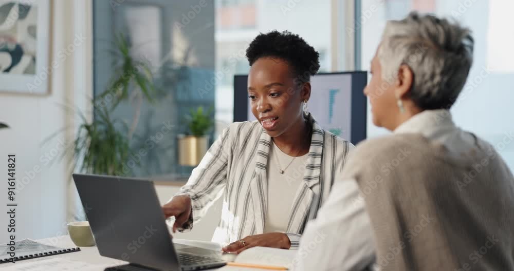 Laptop, business women and training with mentor, discussion or planning at creative startup. Computer, intern and engagement manager teaching worker with analysis, data or erp stats for learning info