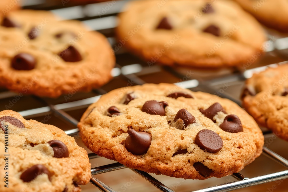 Freshly baked chocolate chip cookies cool on a rack, straight from the oven.
Freshly baked chocolate chip cookies cool on a rack, straight from the oven.