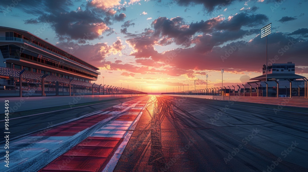 Fototapeta premium Sunset over empty racetrack with vibrant sky and distant lights