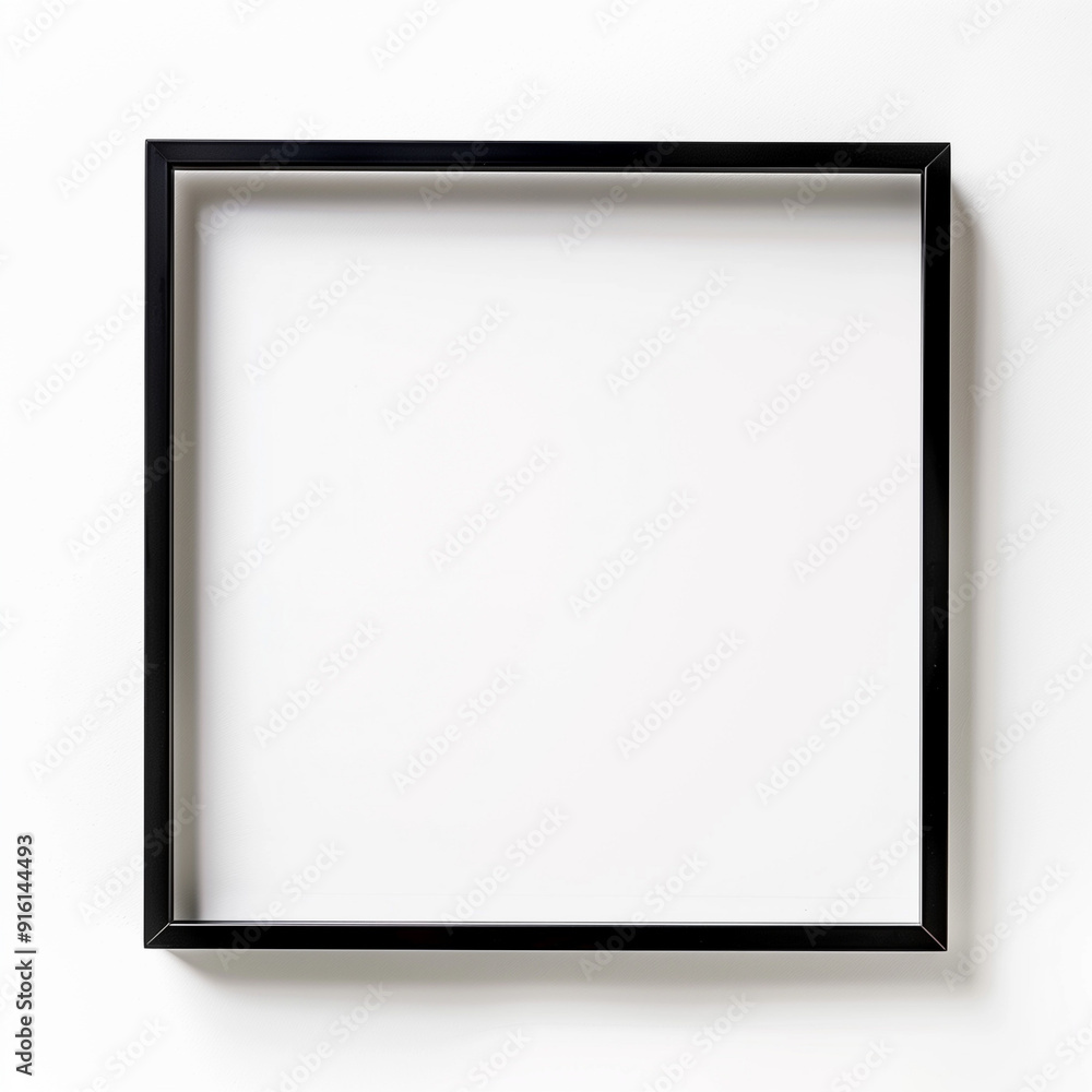 A simple black picture frame displayed against a white background, ready for artwork. A simple black picture frame displayed against a white background, ready for artwork.