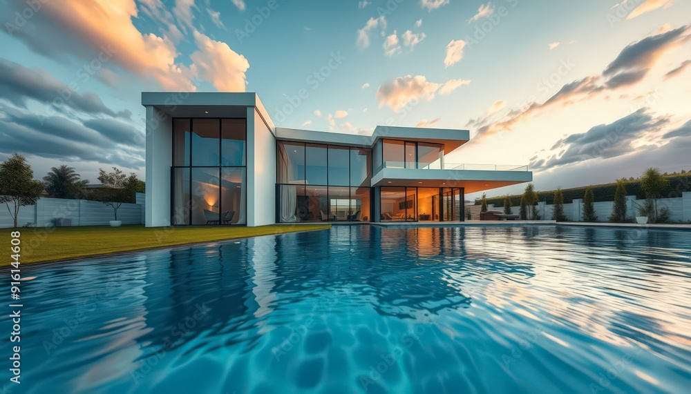 Fototapeta premium Modern House with Swimming Pool at Sunset.