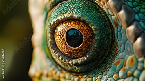 A close-up of a chameleon eye, capturing the intricate details and colors as it surveys its surroundings. photo