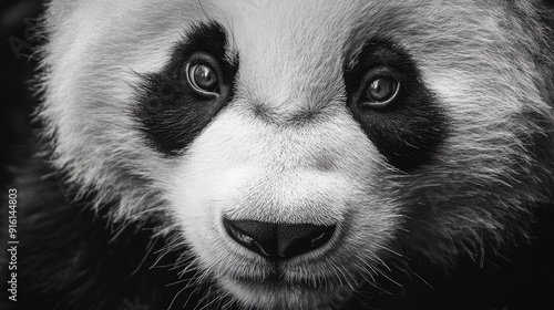 A close-up of a pandaface, focu sing on its soulful eyes and distinctive black-and-white markings. photo