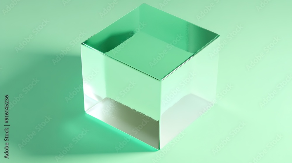 3D Cube of Thick Smooth Glass on Green Background: Top View with Object Positioned on the Right Side 3D Cube of Thick Smooth Glass on Green Background: Top View with Object Positioned on the Right Side