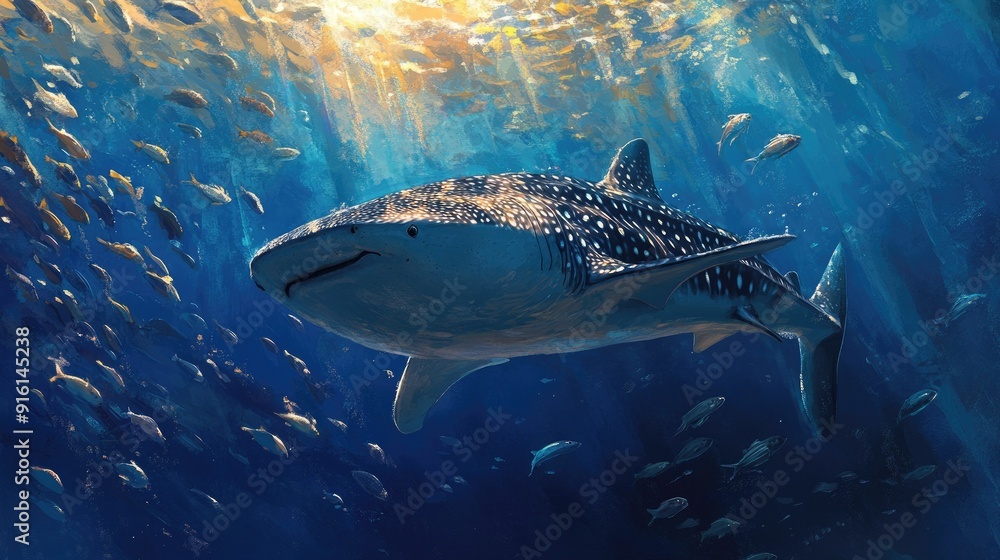 Naklejka premium A majestic whale shark swimming gracefully in the deep blue ocean, surrounded by schools of fish.