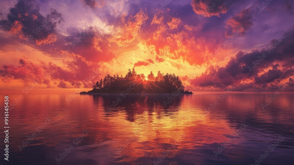 A secluded island at sunset, with the sky ablaze in oranges and purples, and the sea calm and reflective. A secluded island at sunset, with the sky ablaze in oranges and purples, and the sea calm and reflective.