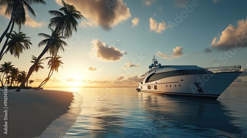 A sleek yacht anchored near a secluded beach, with palm trees swaying in the background under a bright sun. photo