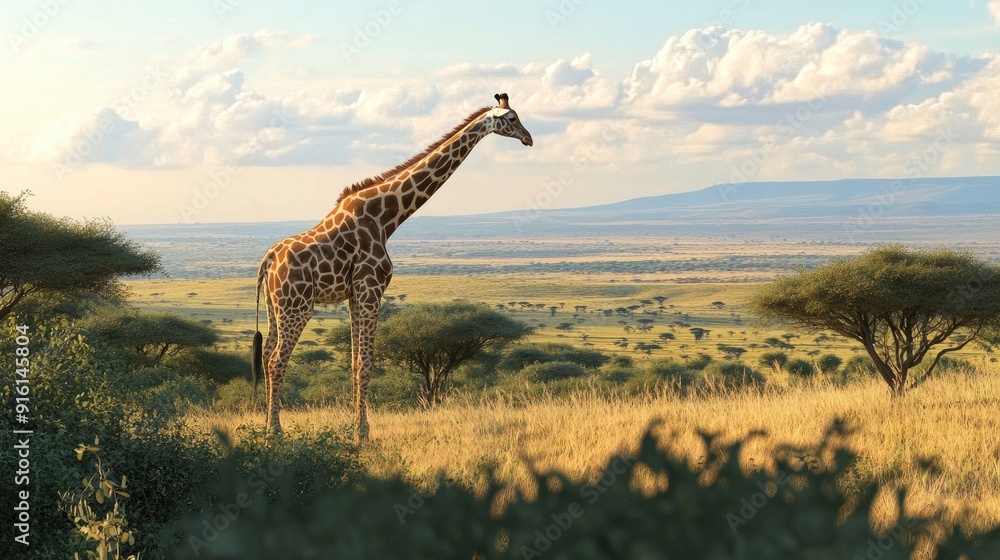 Obraz premium A towering giraffe grazing on acacia leaves, its long neck extended, with the vast African plains in the background.
