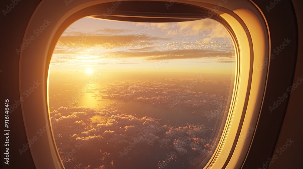 Looking out from an airplane window, the endless horizon where the sky meets the sea, bathed in the warm glow of sunrise. Looking out from an airplane window, the endless horizon where the sky meets the sea, bathed in the warm glow of sunrise.