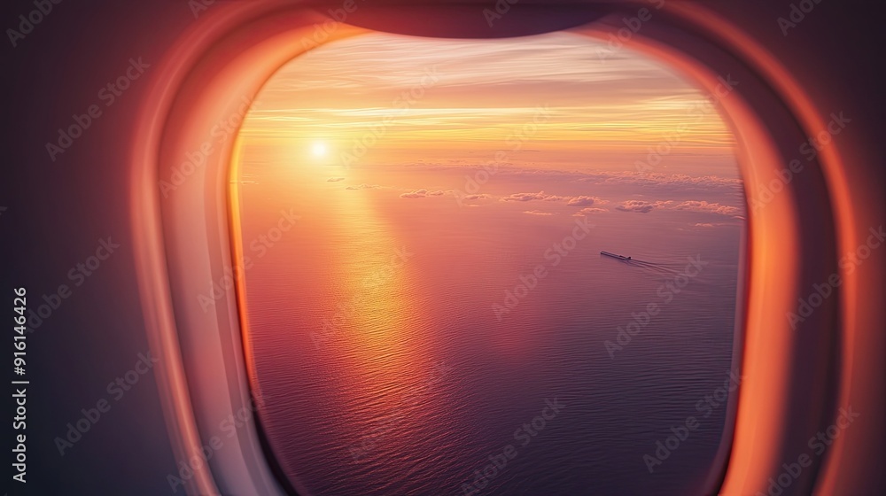 Looking out from an airplane window, the endless horizon where the sky meets the sea, bathed in the warm glow of sunrise. Looking out from an airplane window, the endless horizon where the sky meets the sea, bathed in the warm glow of sunrise.