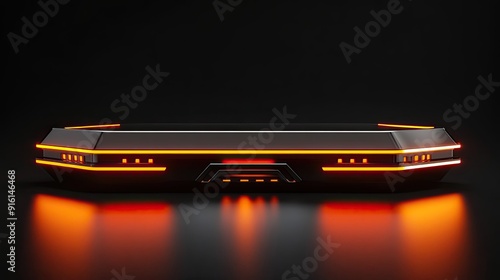 Modern futuristic cyber stage podium with vibrant neon orange accents, smooth gradients, and a tech-inspired layout. Perfect for high-tech product displays. Isolated on black background.