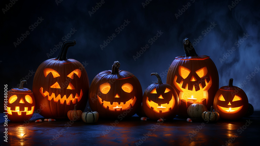 Pumpkins and Jack-o'-Lanterns: Detailed carvings with glowing faces, set against a dark background with copy space Pumpkins and Jack-o'-Lanterns: Detailed carvings with glowing faces, set against a dark background with copy space