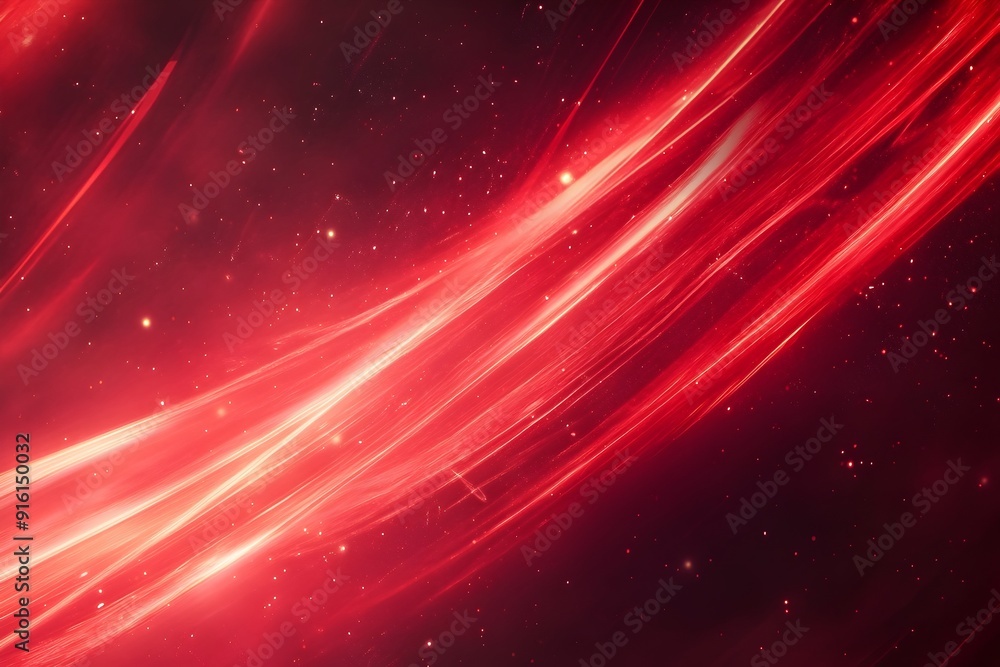 Obraz premium Abstract red energy beams flowing diagonally with particles on dark red background