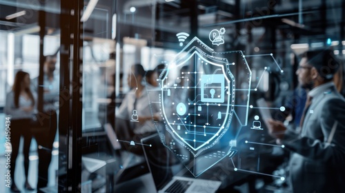 Cyber Security Shield Over Business Meeting
