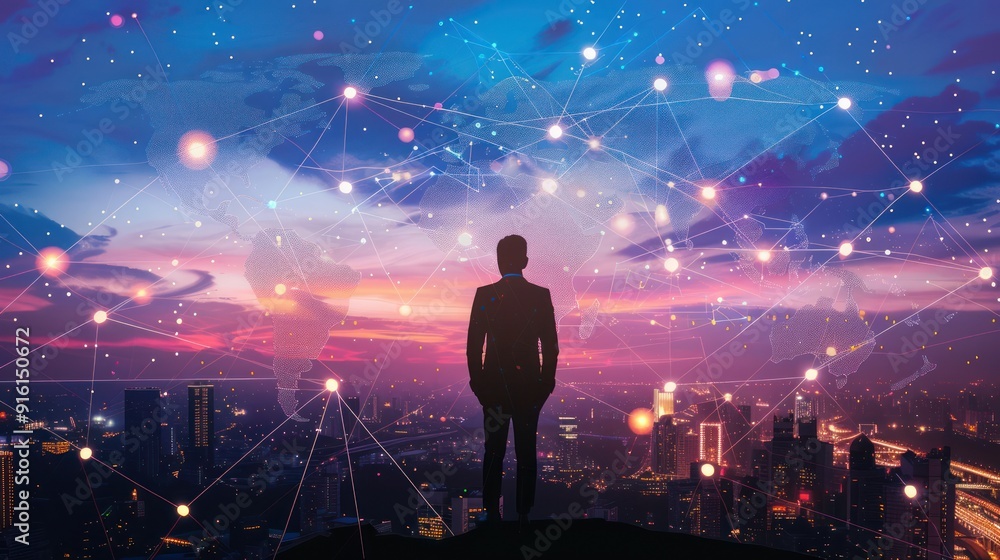 Silhouette of a Man Against a Networked Cityscape at Night Silhouette of a Man Against a Networked Cityscape at Night