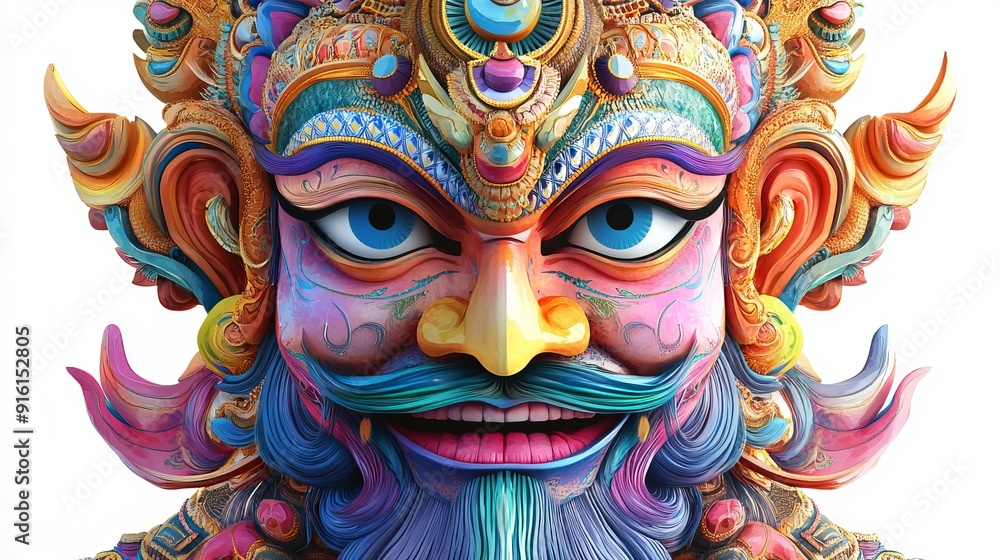 Naklejka premium 3D Watercolor Effigy of Ravana with Colorful Decor - Digital Art