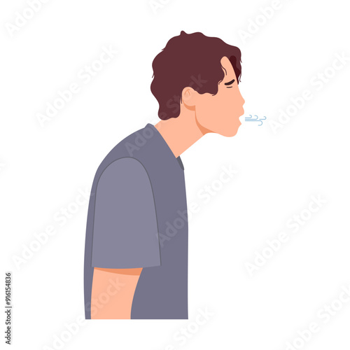 Man has breathing problems and has to breathe out through his mouth. Male has asthma and sighs. Vector illustration 