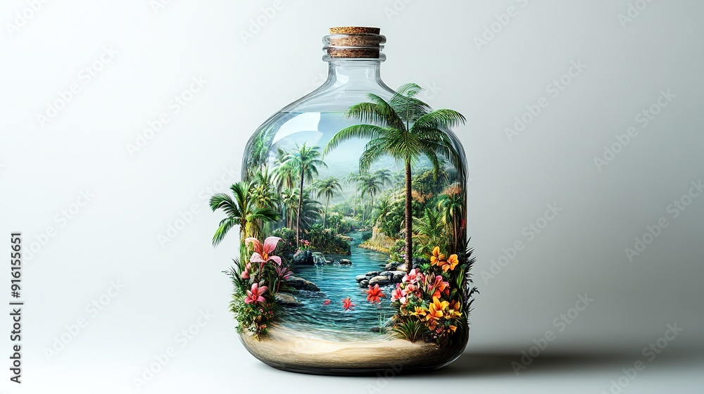 Miniature Desert Oasis Inside a Bottle: Crystal Clear Water, Lush Palm Trees, and Colorful Flowers on a White Background Miniature Desert Oasis Inside a Bottle: Crystal Clear Water, Lush Palm Trees, and Colorful Flowers on a White Background
