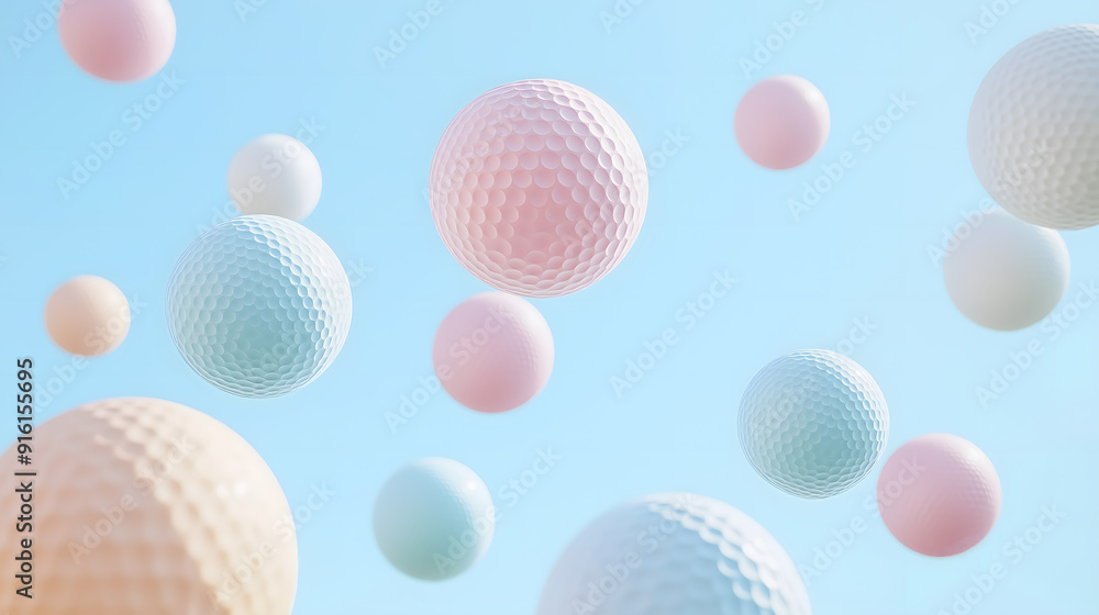 Floating golf balls against a clear blue sky, resembling playful lollipops