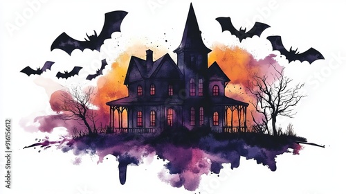 3D Watercolor Haunted House with Bats - Spooky Halloween Illustration photo