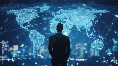A businessman standing in front of a digital world map with network connections, indicating global business reach.