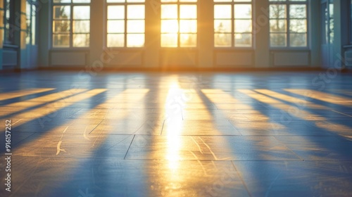 Empty room with large windows and sunlight casting shadows