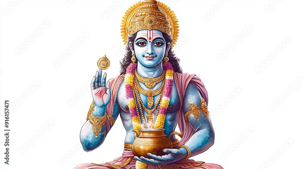 Obraz premium 3D Watercolor Image of Lord Dhanvantari Holding a Potion - Digital Artwork