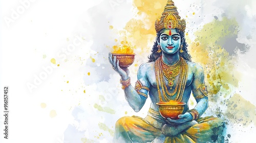 3D Watercolor Image of Lord Dhanvantari Holding a Potion - Hindu Deity Art