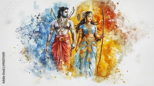 3D Watercolor Painting of Lord Rama & Sita Returning to Ayodhya