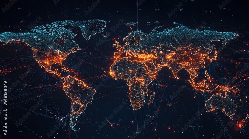 A world map with highlighted trade routes,data network, representing global logistics and international trade. A world map with highlighted trade routes,data network, representing global logistics and international trade.