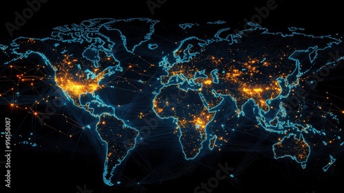 A world map with highlighted trade routes,data network, representing global logistics and international trade.