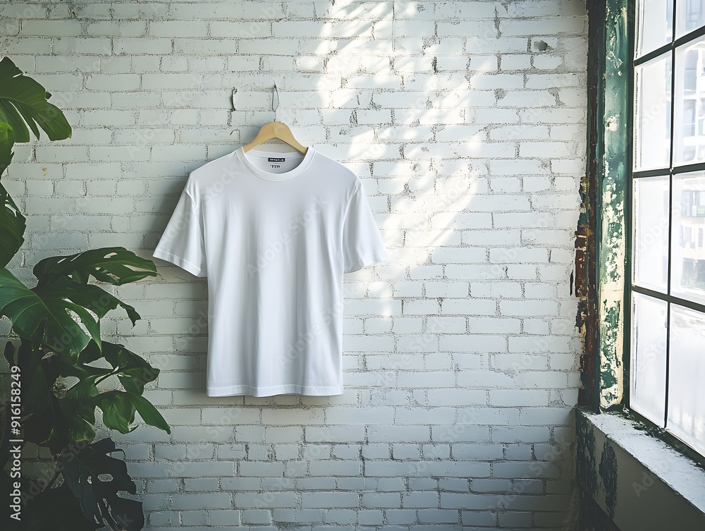 White t-shirt displayed against a simple white brick wall with natural light White t-shirt displayed against a simple white brick wall with natural light