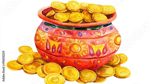 3D Watercolor Kalash: Sacred Pot Filled with Gold - High-Resolution Image