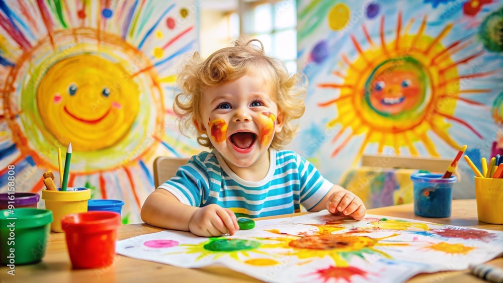 Fototapeta premium A toddler with chubby cheeks, grinning widely, is at the center of an artistic mess. Their face is covered in paint, and the small table is cluttered with crayons, paintbrushes, and paper.