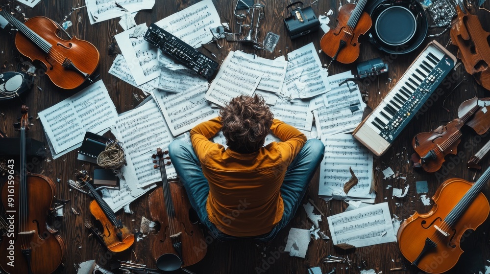 Obraz premium Composer's Block: A musician sits dejected amidst a chaotic symphony of instruments and sheet music, grappling with creative burnout.