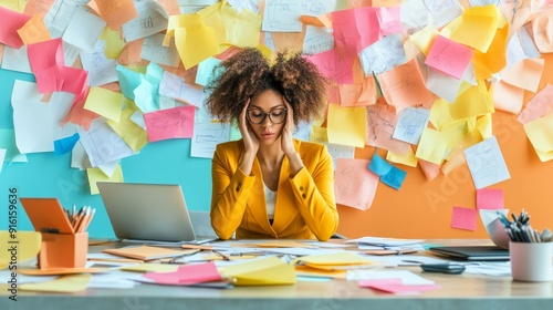 Overwhelmed by Tasks: A woman sits at her desk, surrounded by a sea of sticky notes and paperwork, her hands covering her face in a relatable moment of office stress.   photo